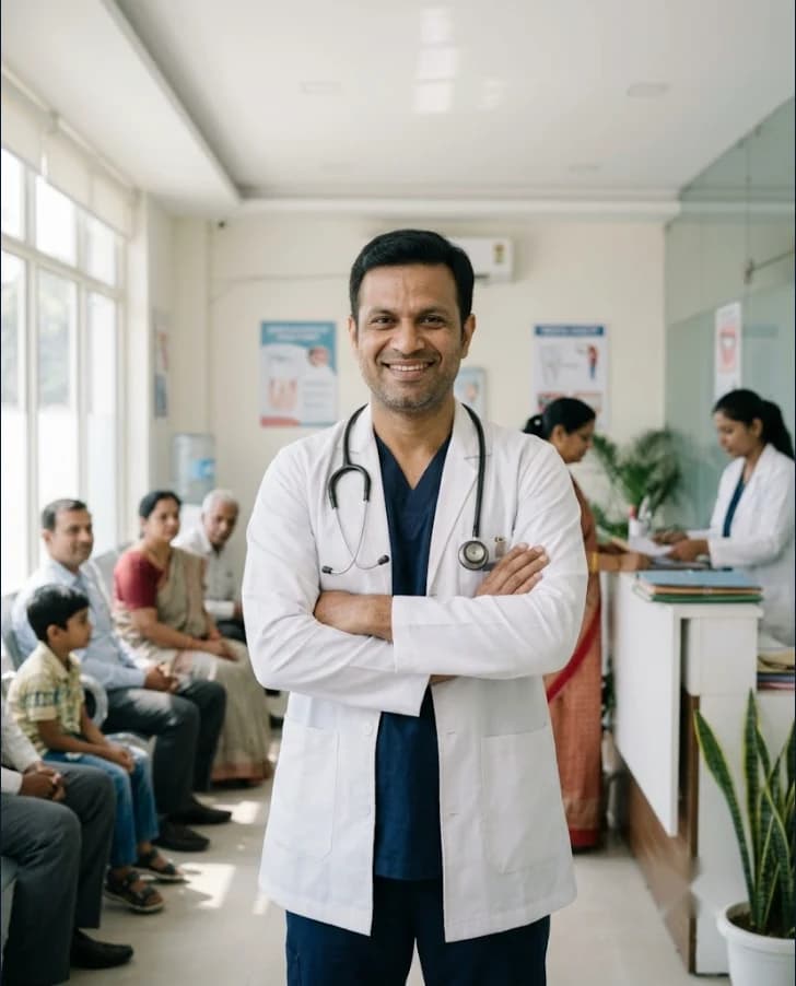 The dentist smiling proudly in a busy waiting room
